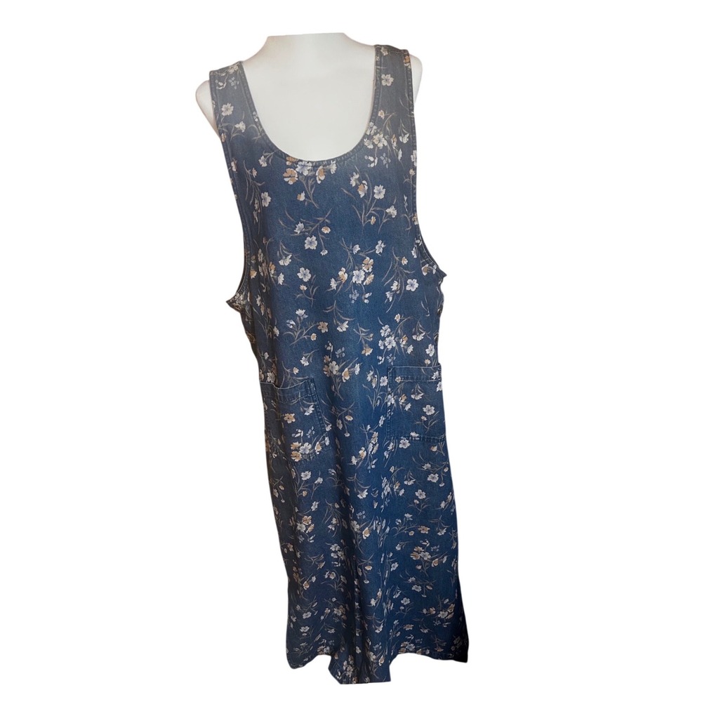 Vintage Floral Denim Jumper Dress Blue Sleeveless Pinafore Maxi with Pockets